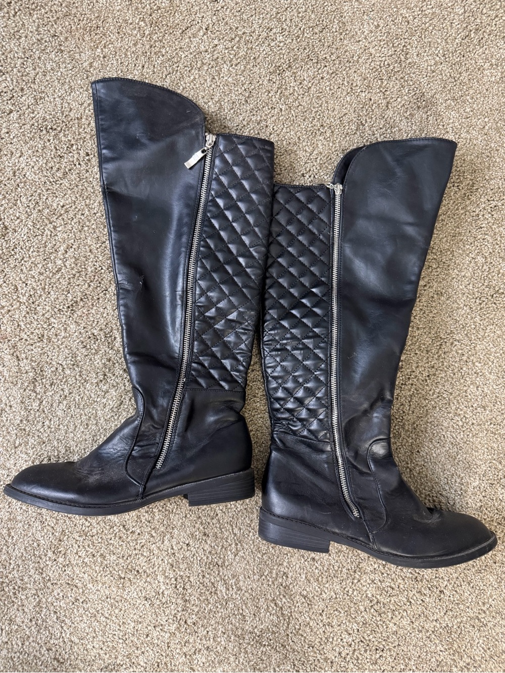 Black Quilted Knee-High Riding Boots - Women